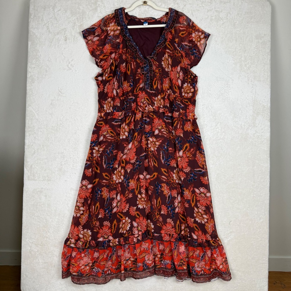 Old Navy Womens XXL Burgundy Floral Flutter Sleeve Midi Dress Boho Cottagecore